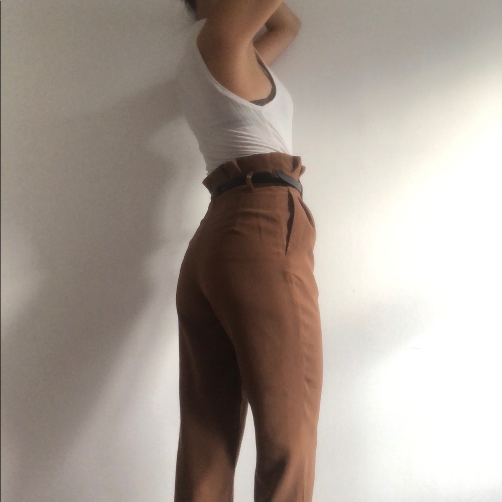 Chocolate pleated paper bag trousers